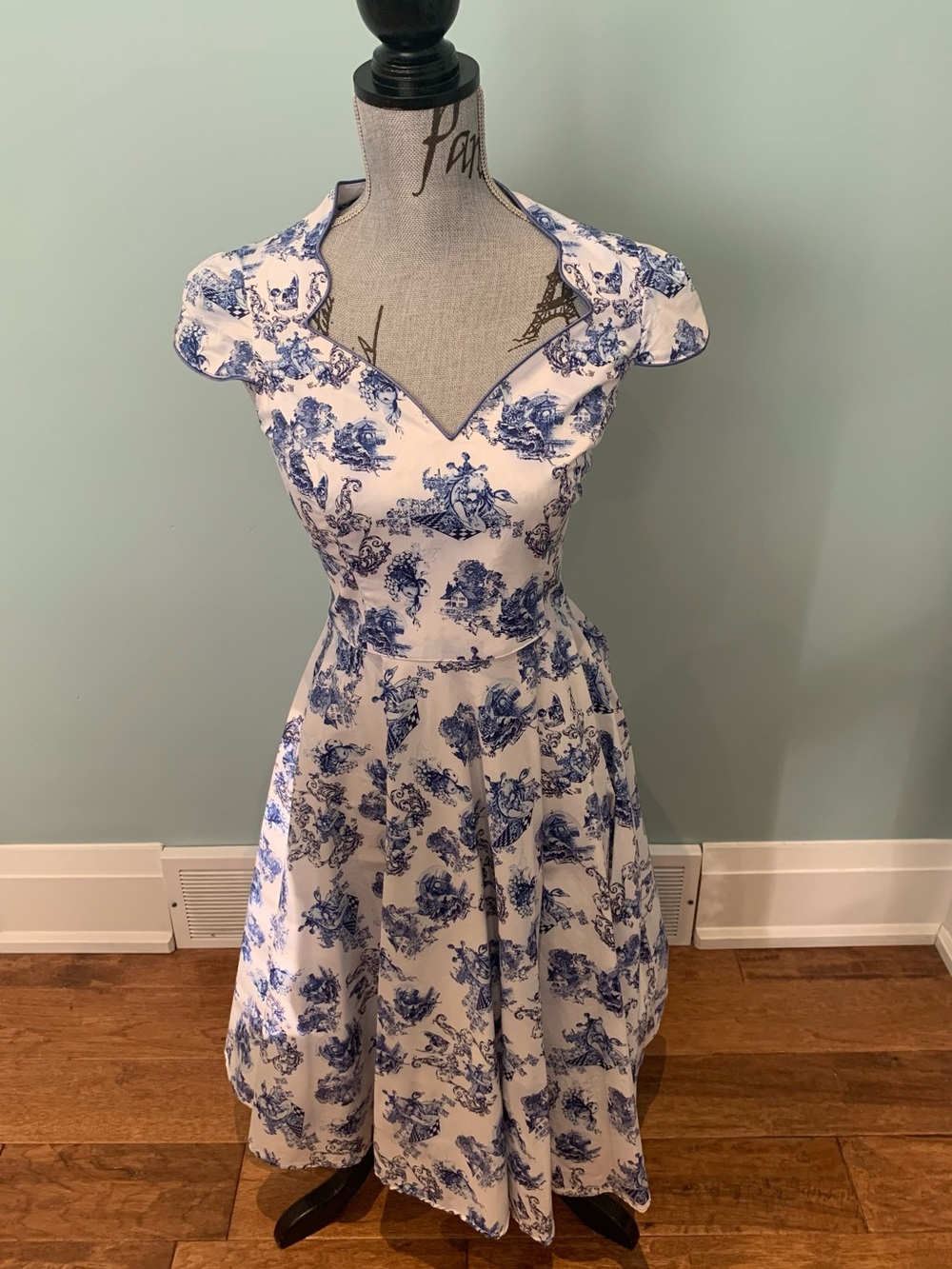 Hell Bunny White and Blue Vintage Fit-and-Flare Midi Dress